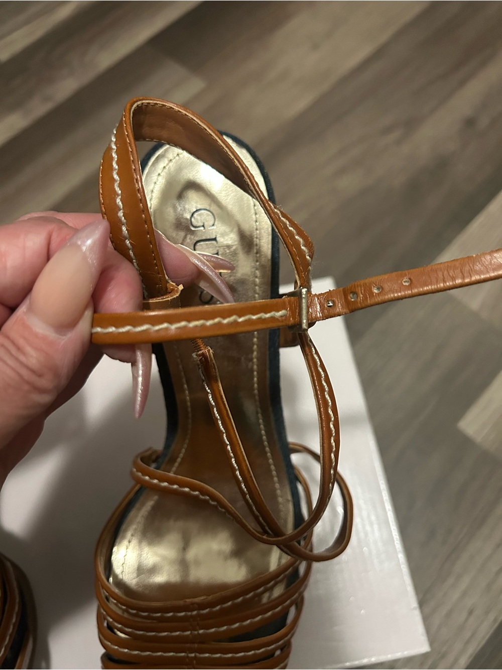 Guess Tan Strappy High Heel Sandals with Blue Insole - Picture 7 of 8